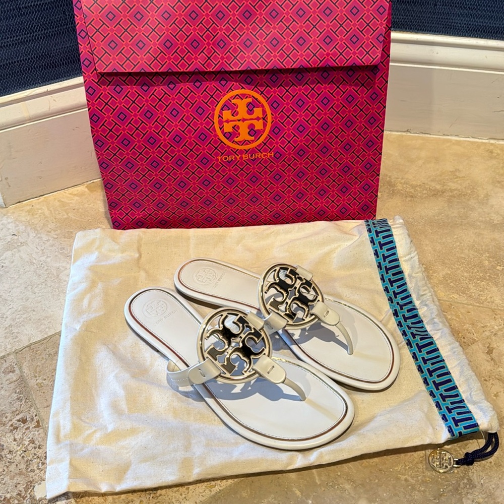 Tory Burch White and Gold Miller Sandal